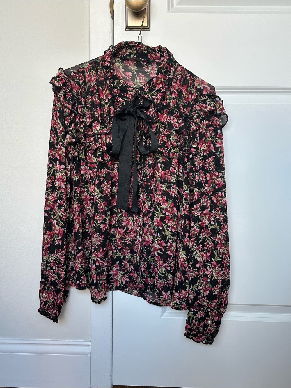 Zara Black Floral Tie-Neck Blouse with Pink & Green Print - Size L